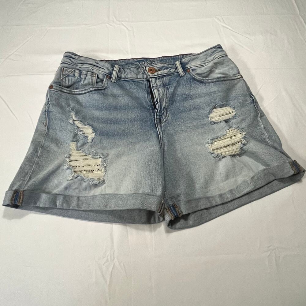 Edgely Womens Distressed Denim Shorts 14R Light Wash Mid Rise Stretch Cuffed